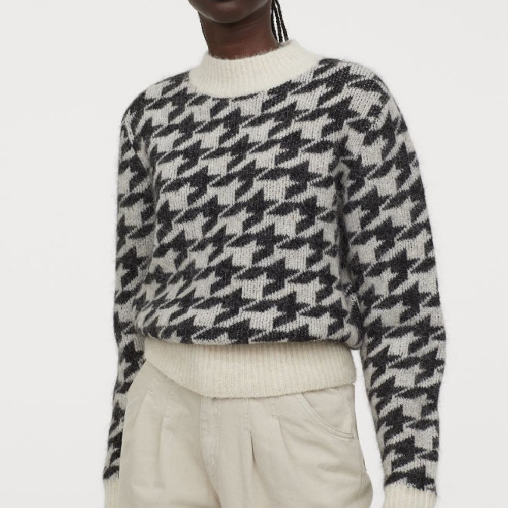 H&M Alpaca Blend Sweater Houndstooth Women's XS Pullover High Neck Long Sleeve